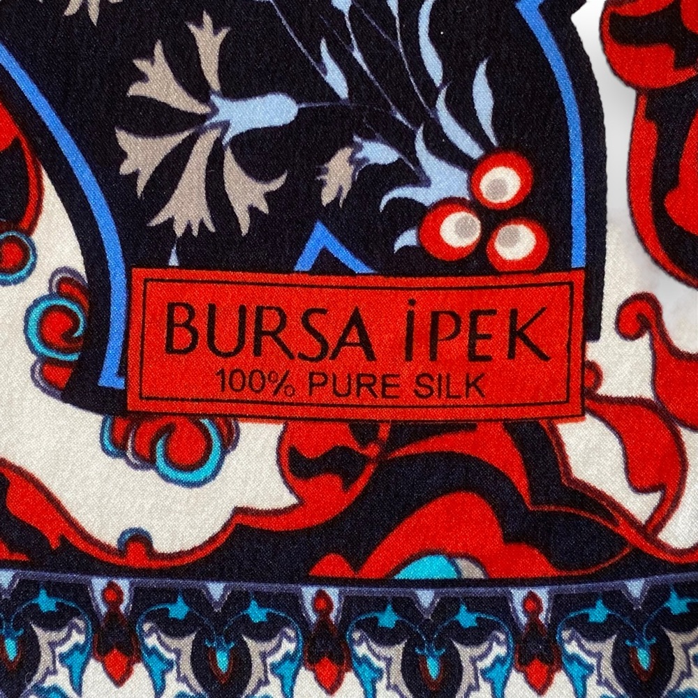 Bursa Ipek 100% Pure Silk Foulard Scarf Turkish Motif Design Red Blue White - Picture 5 of 9